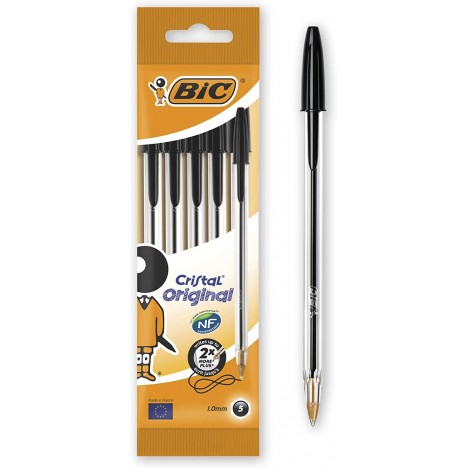 Pochette de 5 Stylos-Bille BIC Cristal Original Pointe Moyenne (1,0 mm) - Noir (802051)