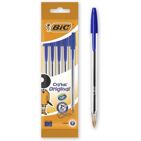 Pochette de 5 Stylos-Bille BIC Cristal Original- Bleu ( 802052)